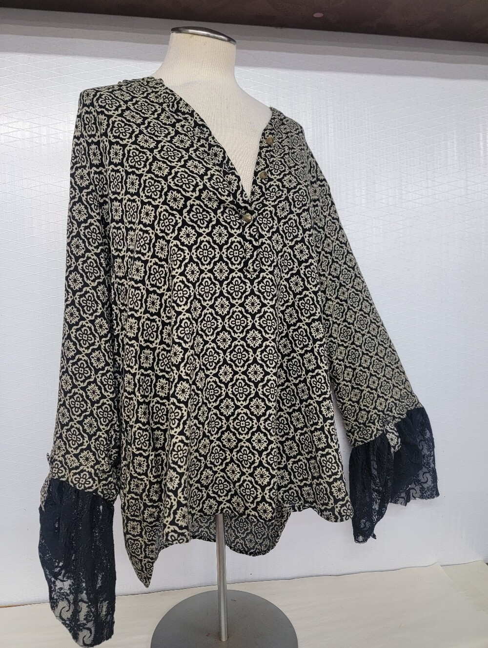 Bohemian V-Neck Tunic Blouse with Lace Cuffs - Upcycled